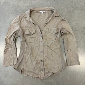 James Perse Sheer Slub Ribbed Side Panel Shirt Olive Beige Women's 3/L MSRP 185